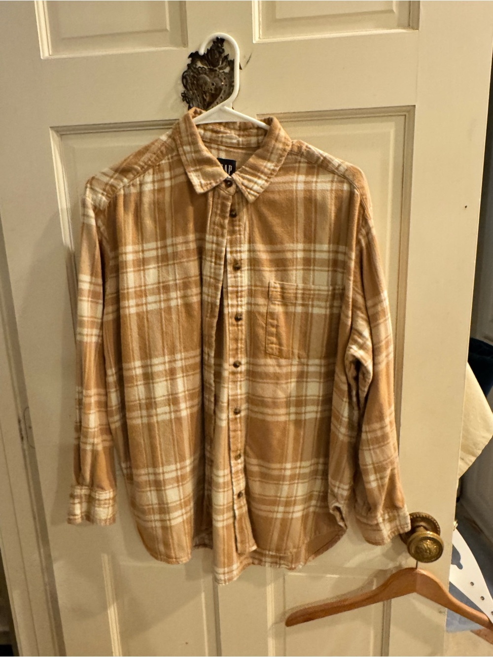 GAP Men's Tan and White Plaid Button-Down Shirt